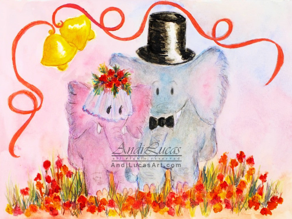 Elephant Wedding Cute Children's Nursery Wall Art Print