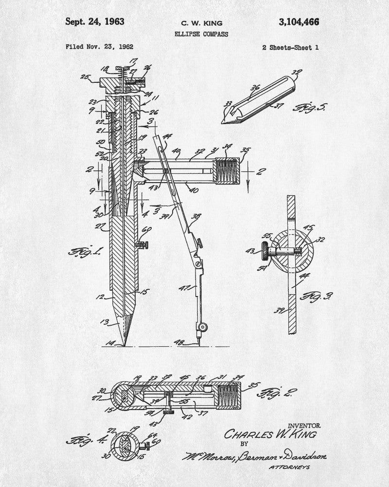 Ellipse Compass Patent Print Mathematical Drawing Poster