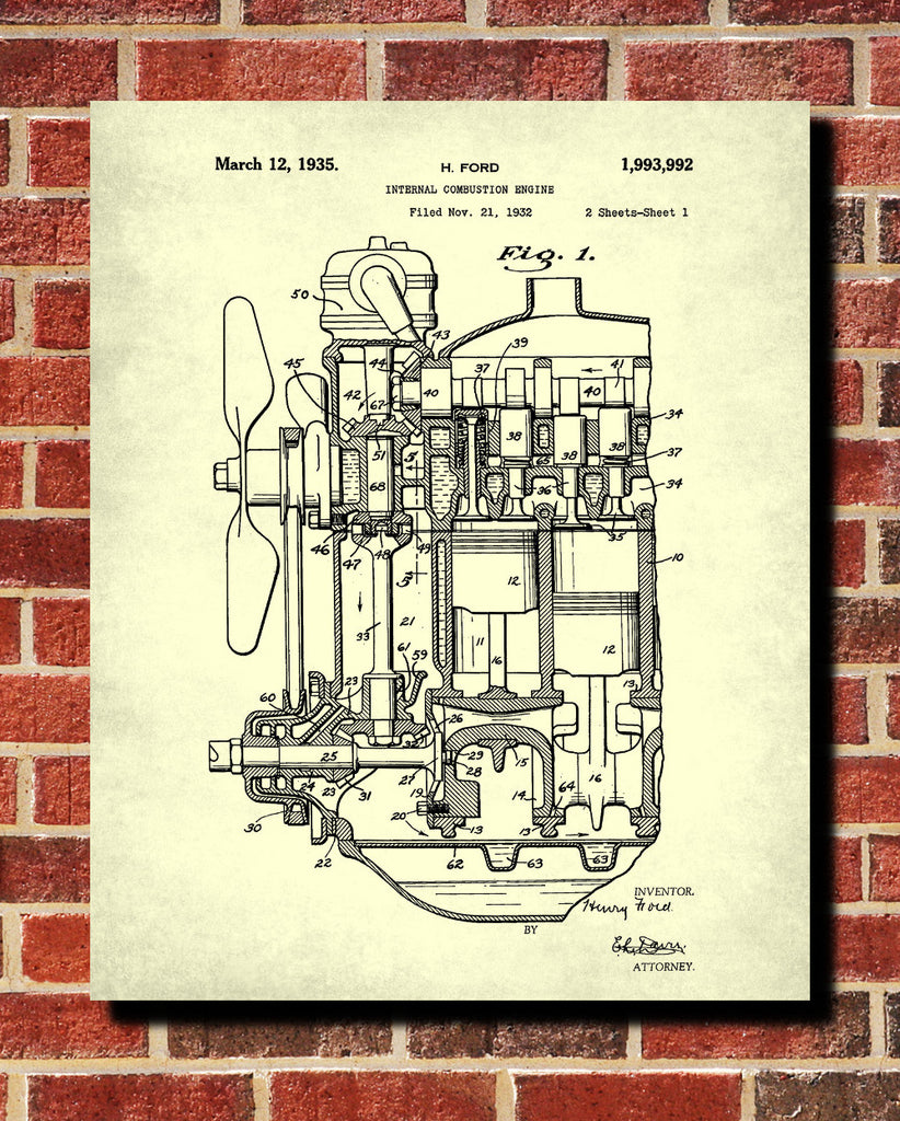 Engine Blueprint Automotive Ford Car Patent Print Garage Poster