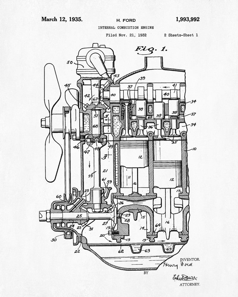 Engine Blueprint Automotive Ford Car Patent Print Garage Poster