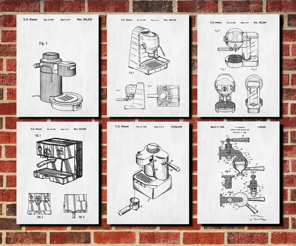 Espresso Patent Prints Set 6 Coffee Posters Cafe Wall Art