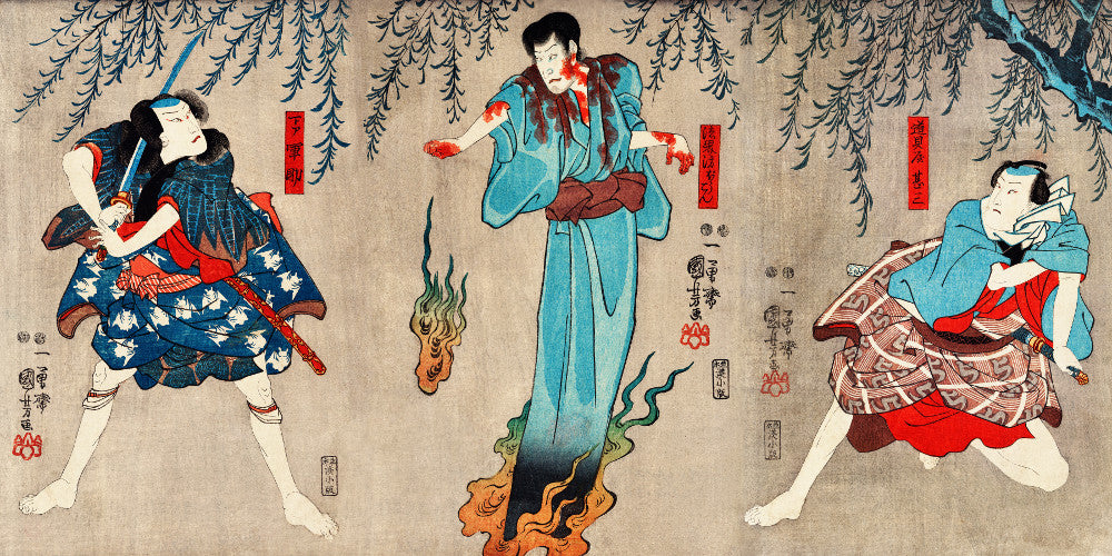 Warriors Battling Female Spirit Japanese Fine Art Print - GalleryThane.com