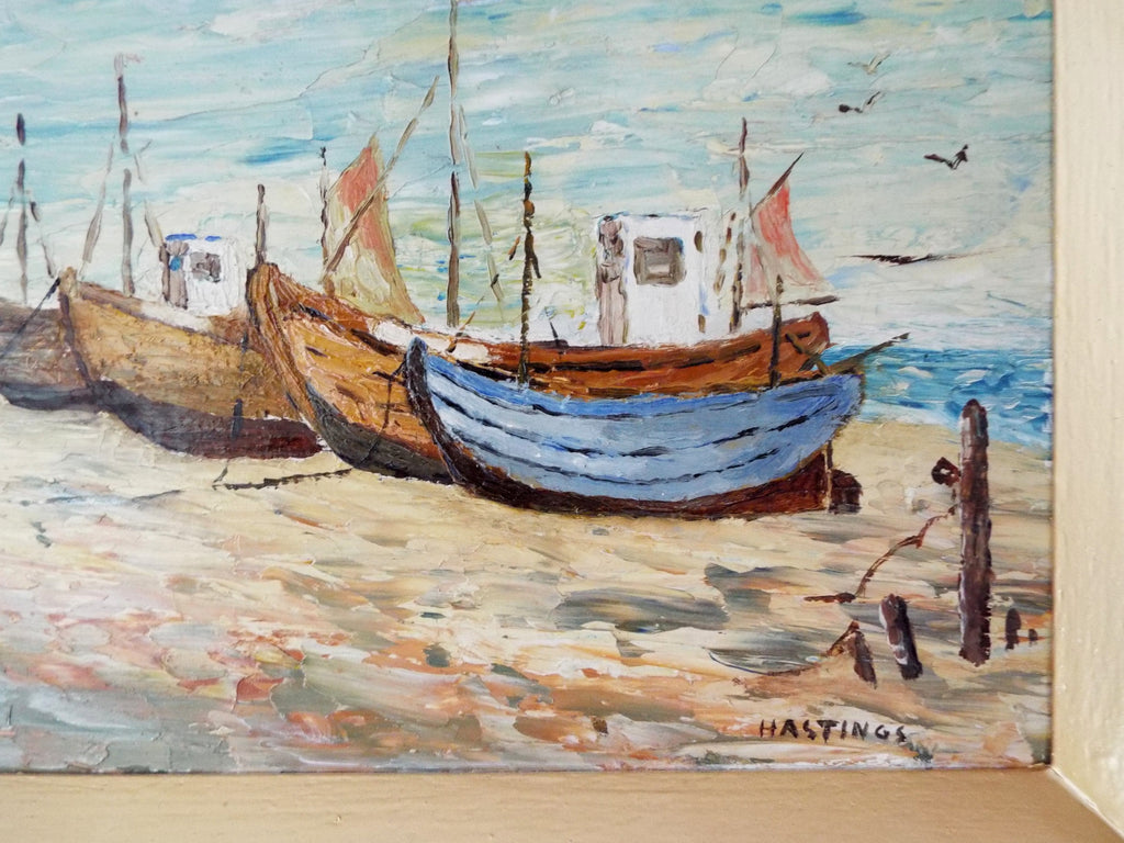 Fishing Boats Hastings Beach Oil Painting Ocean Wall Art Framed