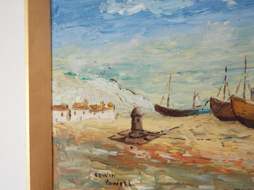Fishing Boats Hastings Beach Oil Painting Ocean Wall Art Framed