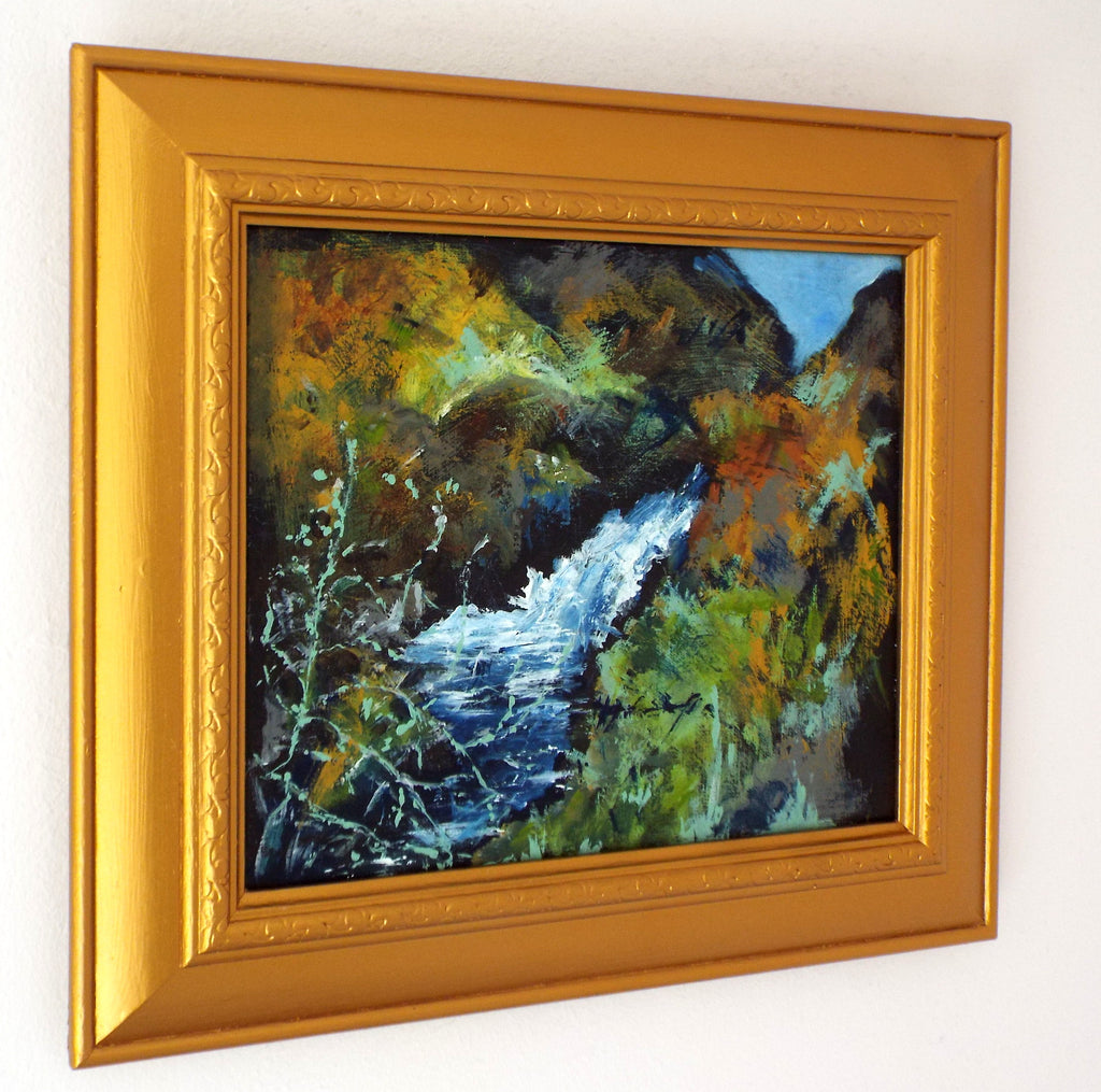 Framed Vintage Oil Painting Waterfall at Llanwrtyd Wells Welsh Abstract