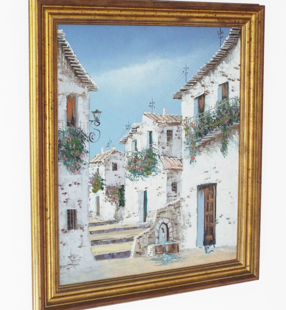 Spanish Village Scene Oil Painting Framed Vintage Architecture