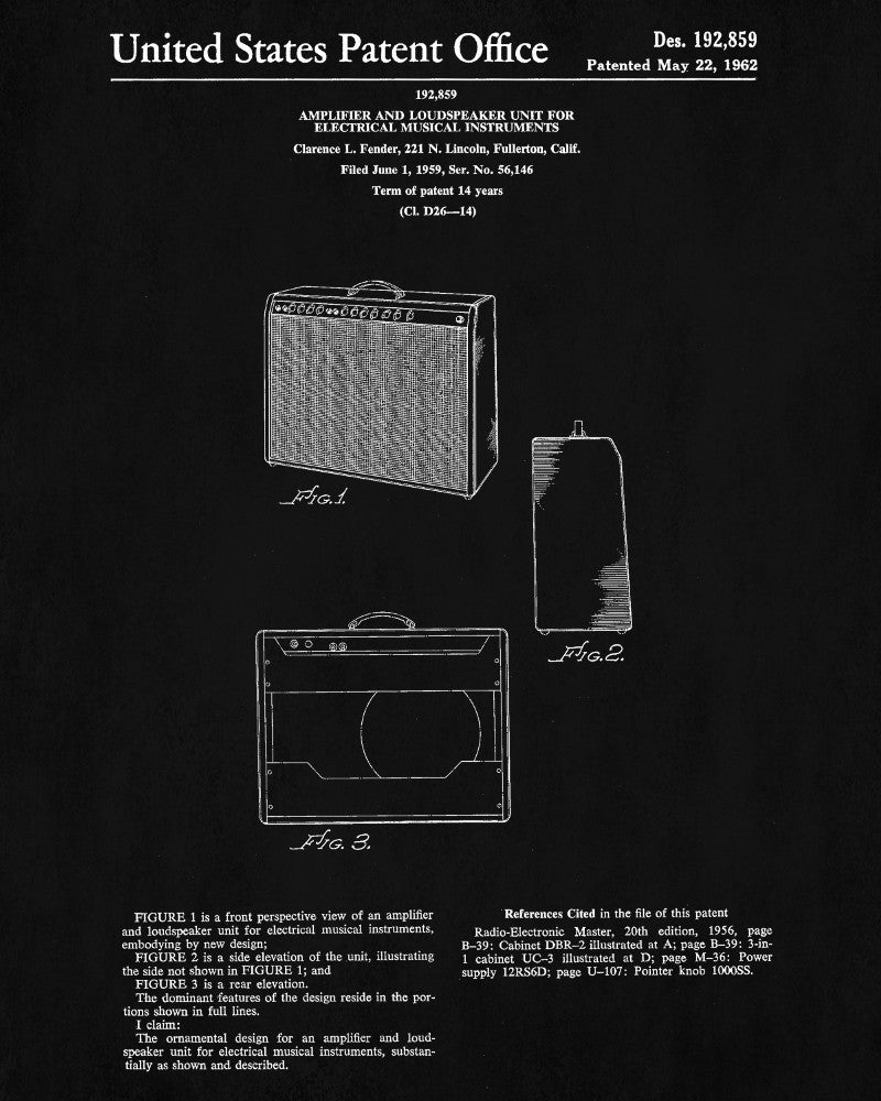 Fender Amp Patent Print Musical Instrument Blueprint Amplifier Poster