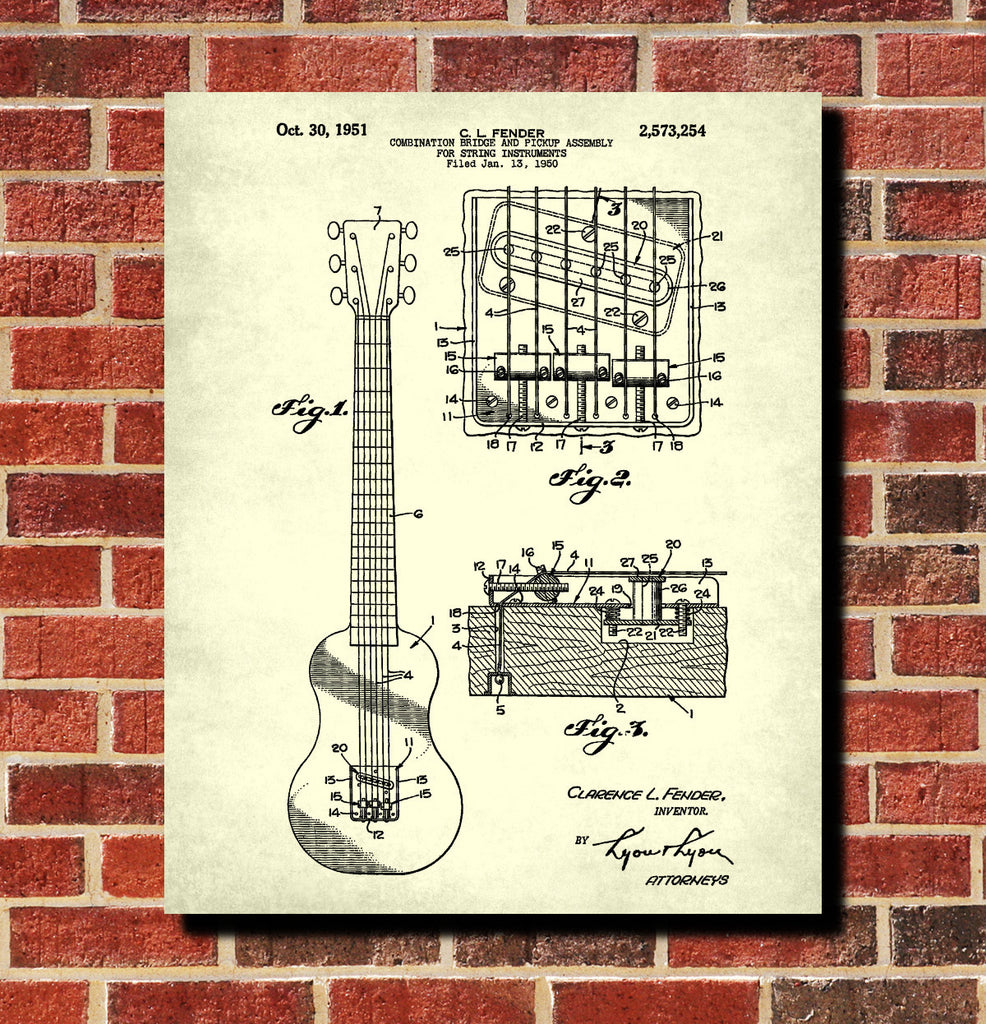 Fender Guitar Blueprint Musical Instrument Patent Print Poster