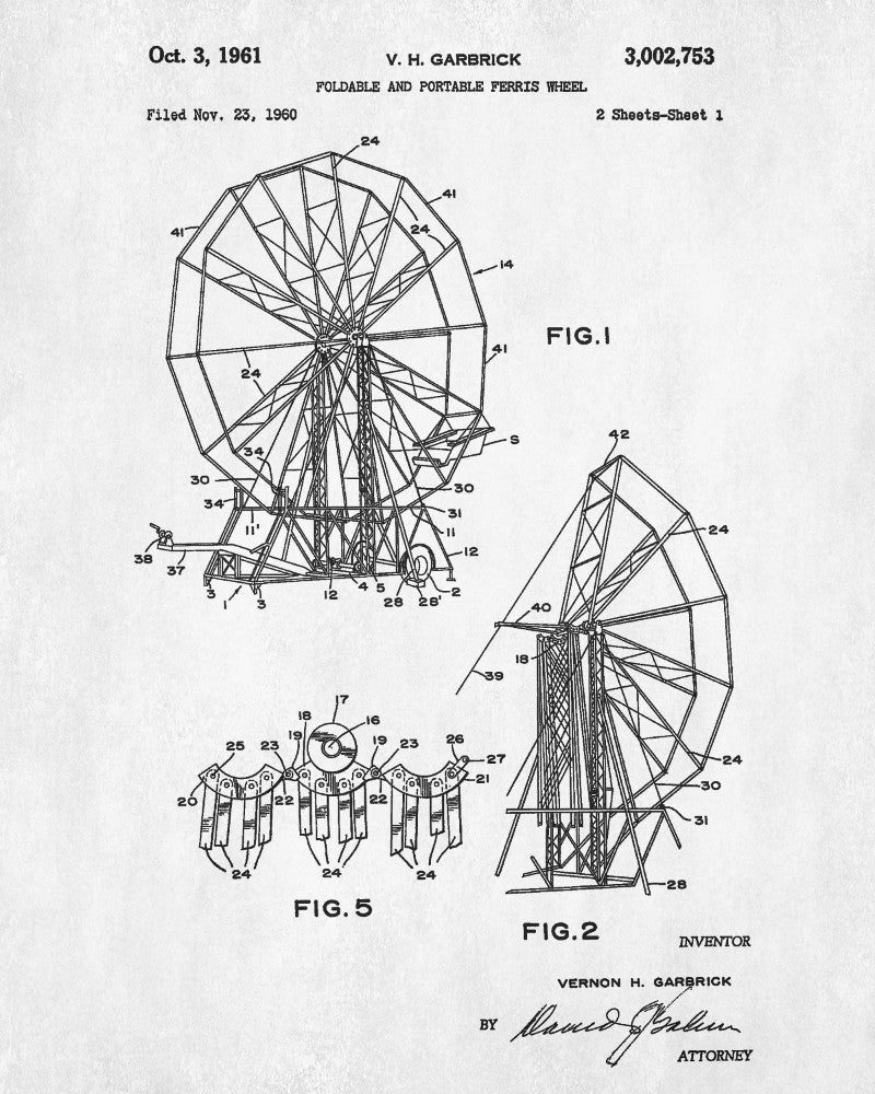 Ferris Wheel Patent Print Carnival Fairground Blueprint Poster
