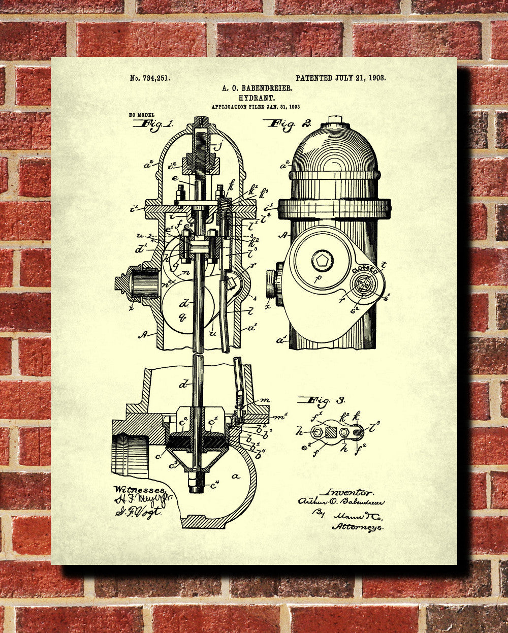 Fire Hydrant Patent Print Fireman Blueprint Firefighter Poster
