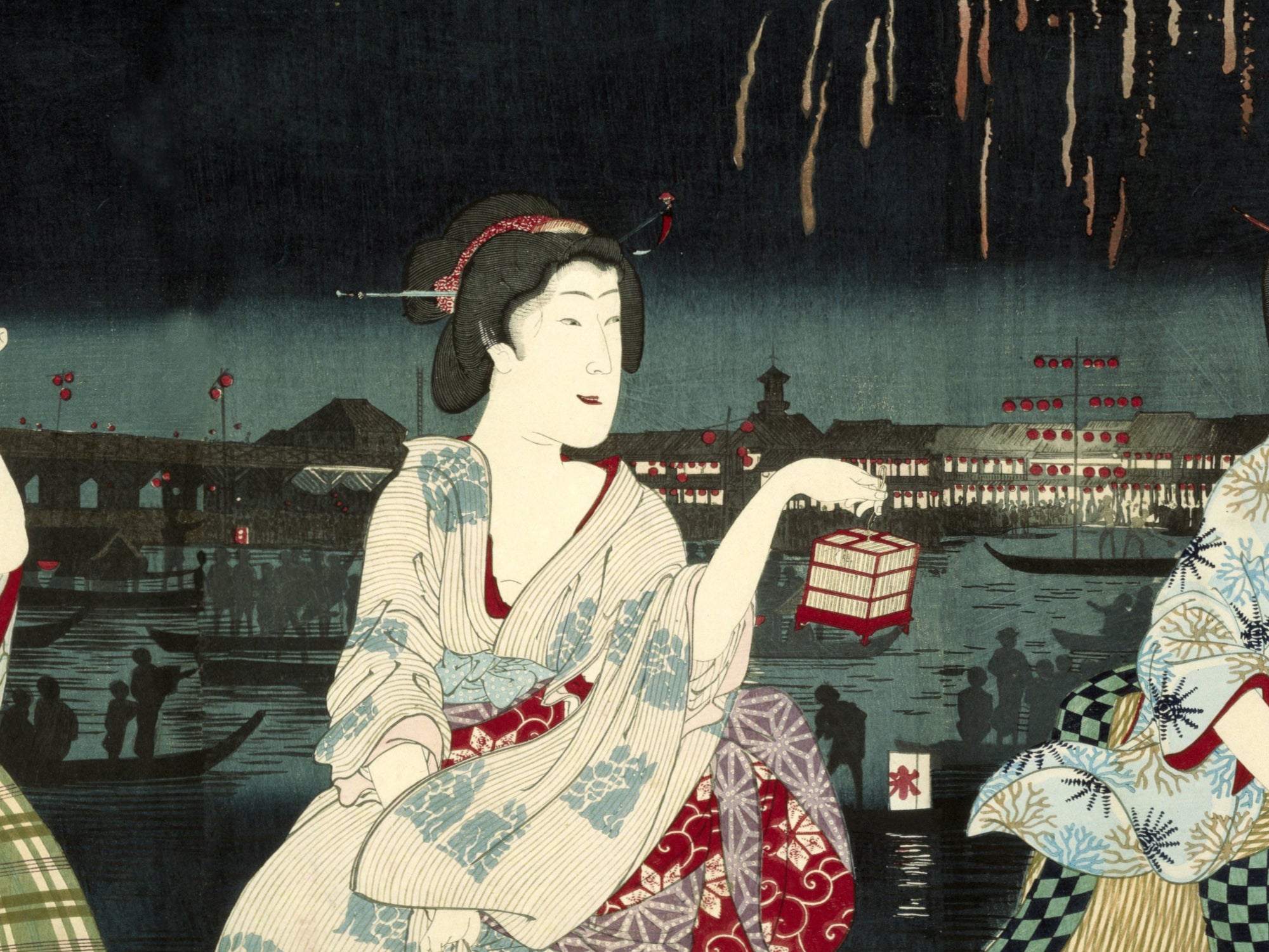 Toyohara Kunichika, Japanese Art Print : fireworks at Ryogoku