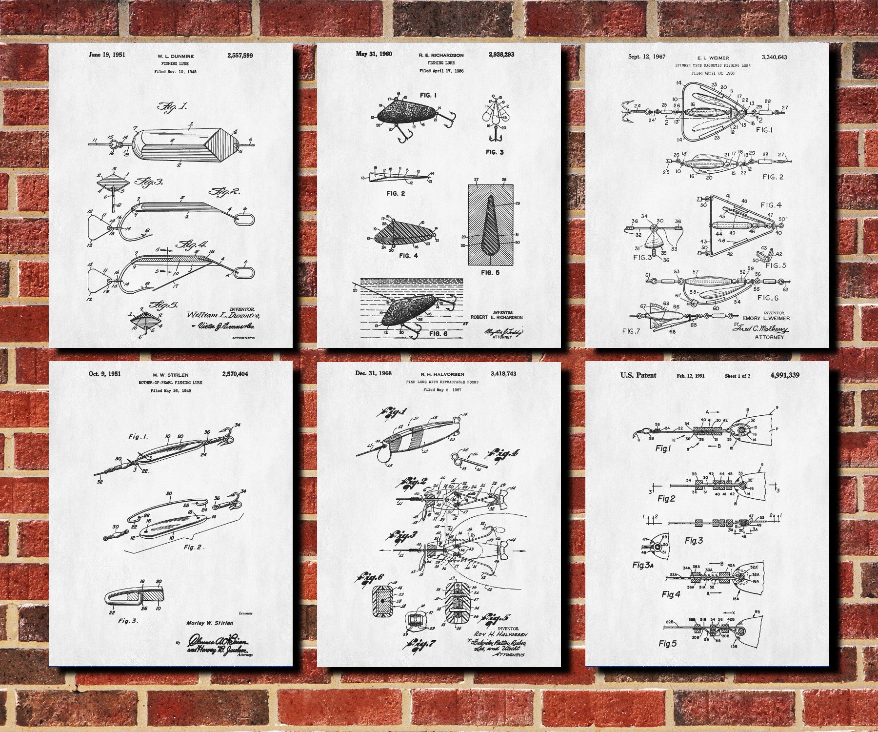 Fishing Lures Patent Prints Set 6 Angling Posters Wall Art
