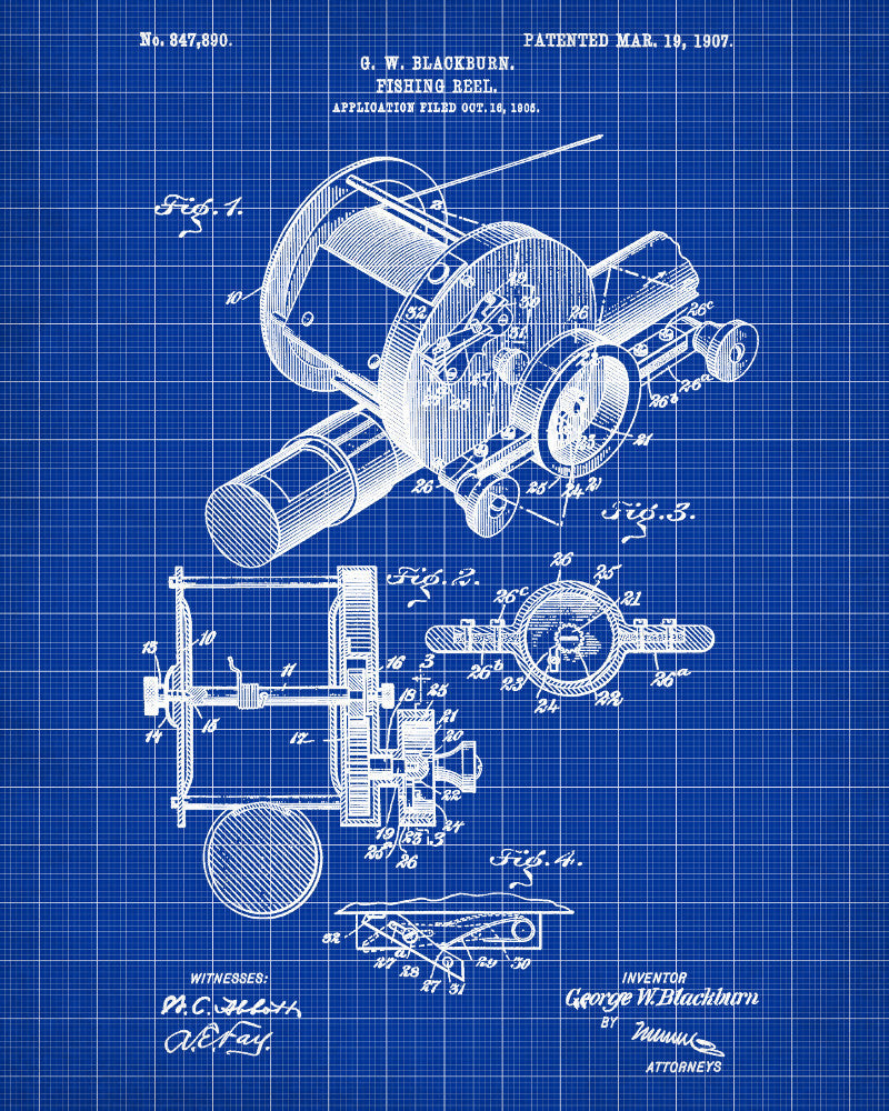 Fishing Reel Blueprint Angling Poster Patent Print