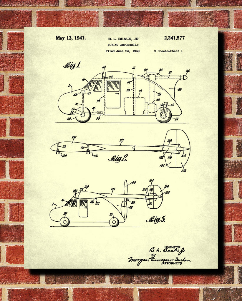 Flying Car Patent Print Aviation Blueprint Atomic Poster