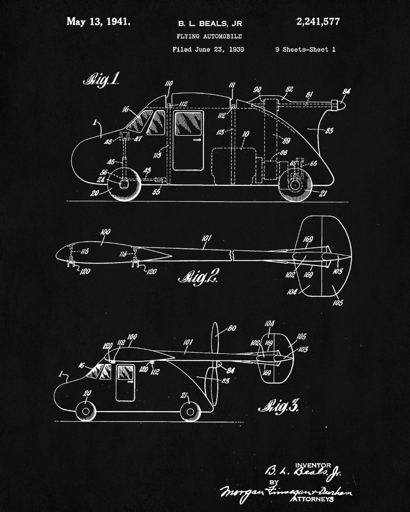 Flying Car Patent Print Aviation Blueprint Atomic Poster