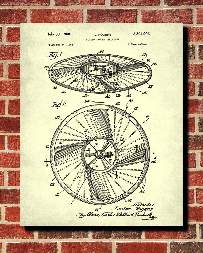 Flying Saucer Patent Print UFO Blueprint Spaceship Poster
