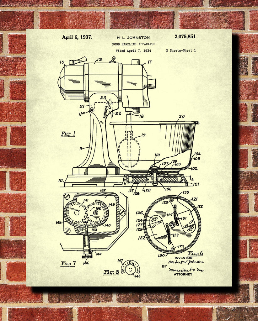 Food Mixer Patent Print Baking Blueprint Kitchen Poster