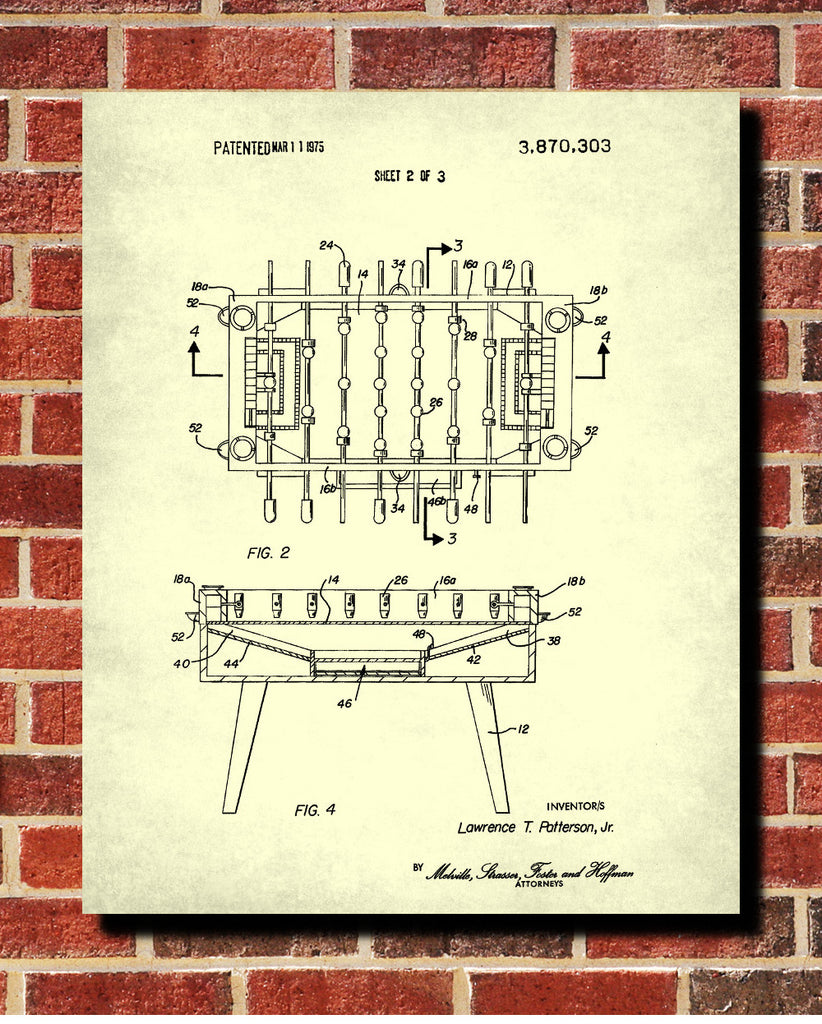 Foosball Patent Print Game Blueprint Man Cave Poster