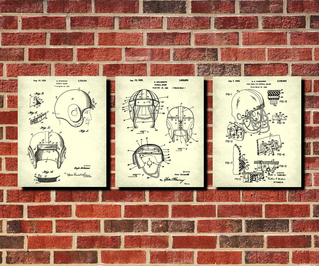 Football Helmets Patent Prints Set 3 Vintage Sports Posters