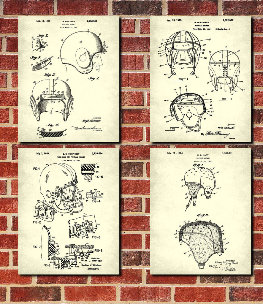 Football Helmets Patent Prints Set 4 Vintage Sports Posters