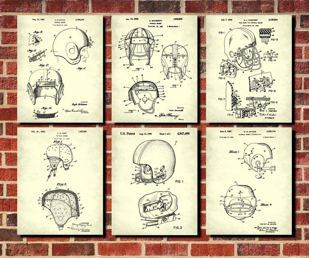 Football Helmets Patent Prints Set 6 Vintage Sports Posters