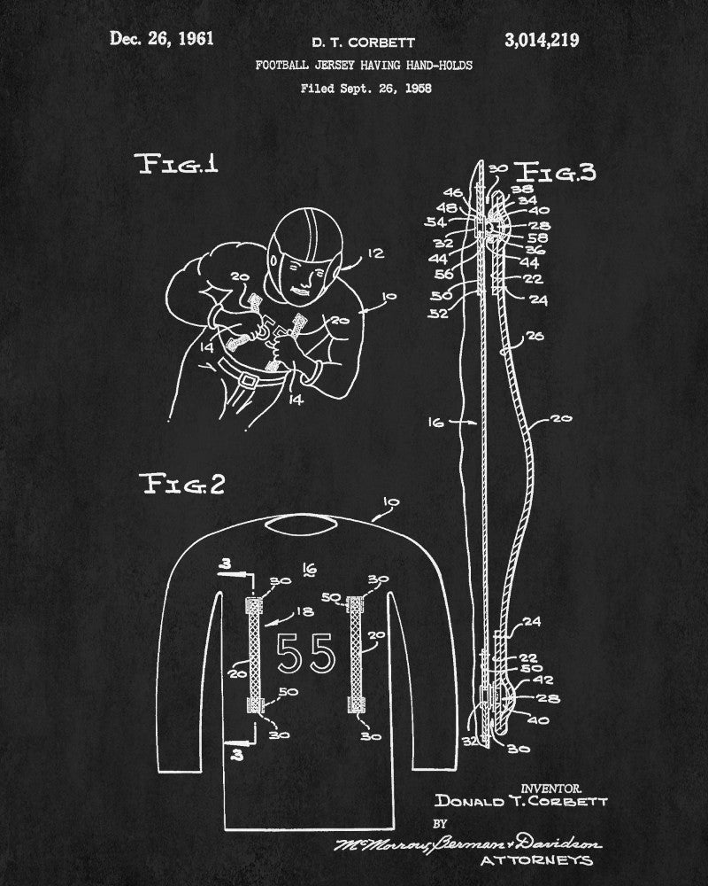 Football Jersey Patent Print Man Cave Poster Sport Blueprint