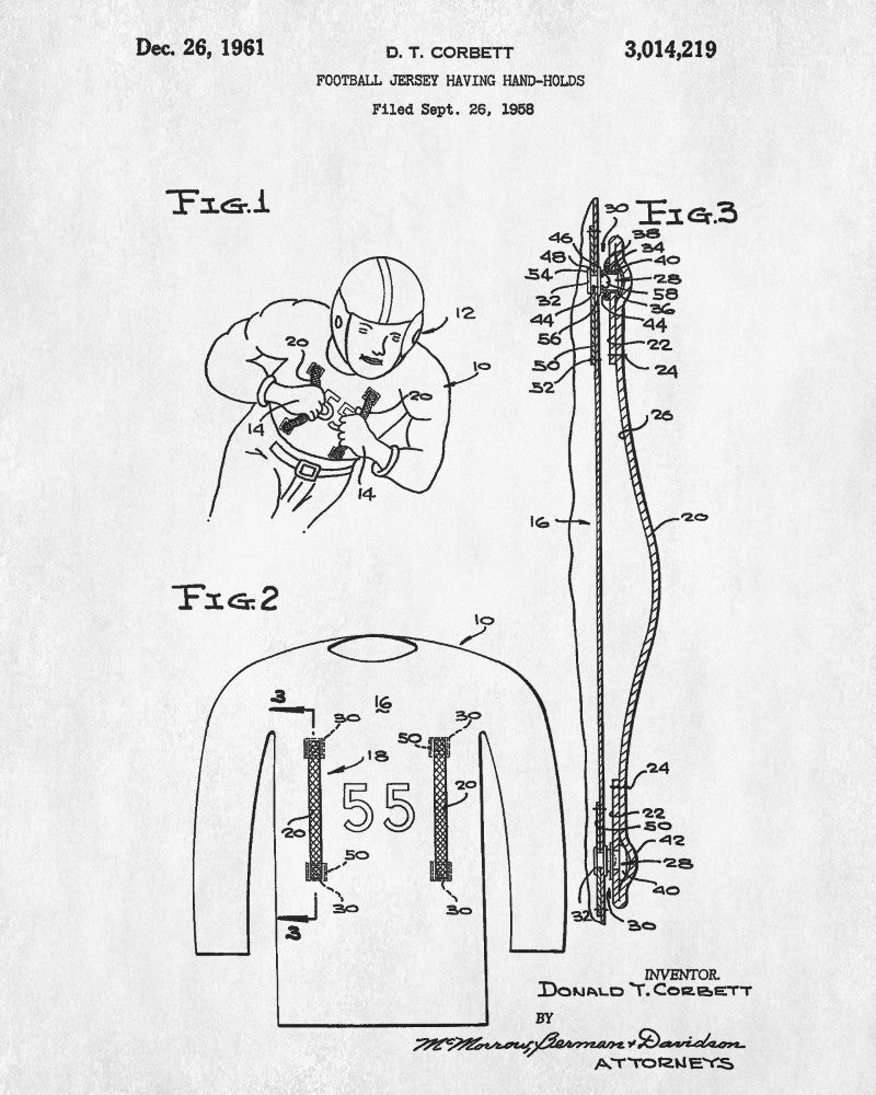Football Jersey Patent Print Man Cave Poster Sport Blueprint