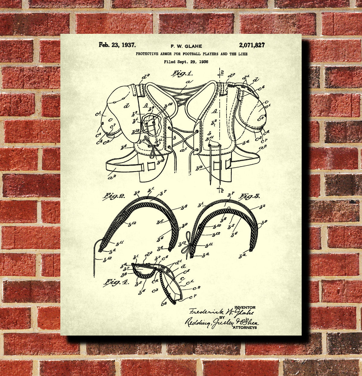 Football Pads Patent Print Man Cave Poster Sport Blueprint