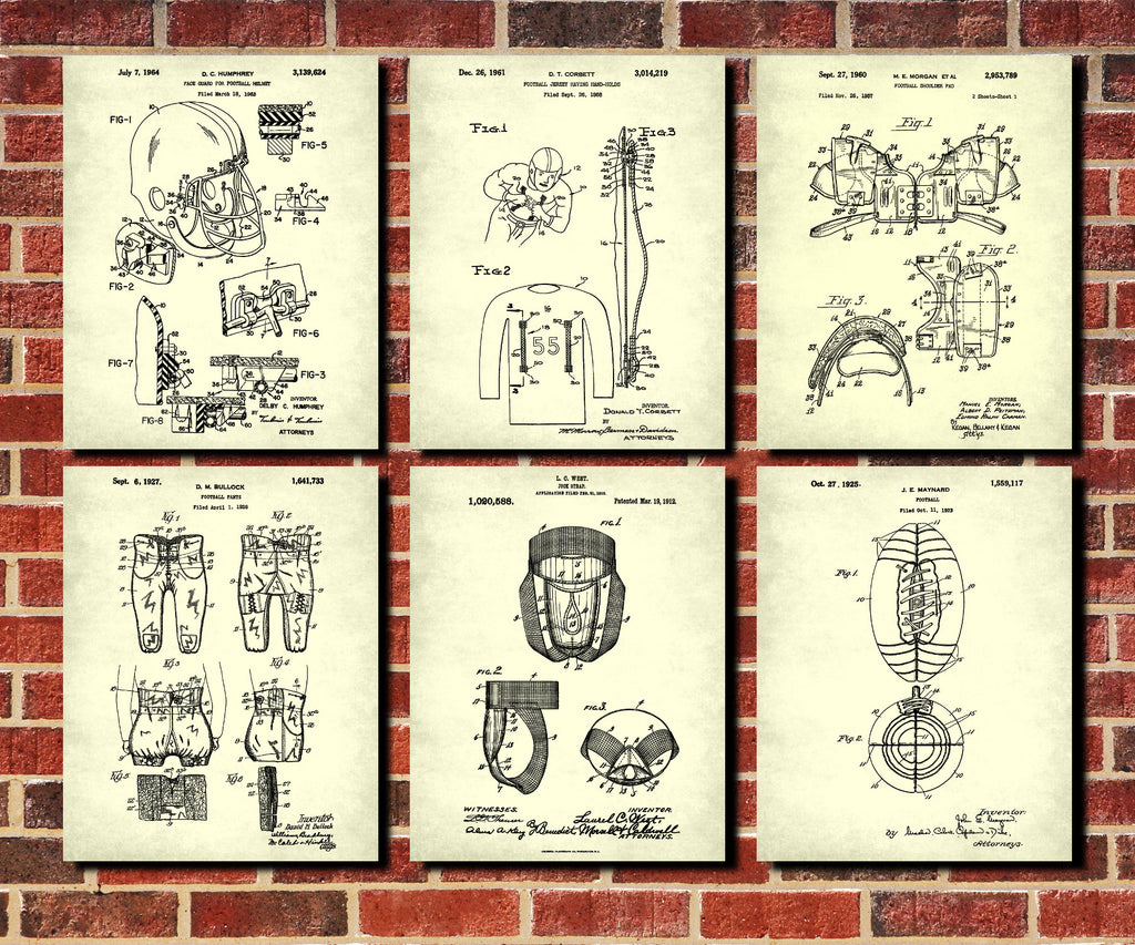 Football Patent Prints Set 6 Sports Blueprint Posters