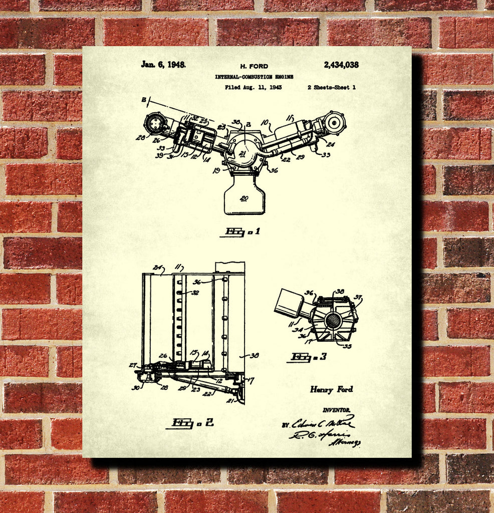 Ford Engine Blueprint Automotive Car Patent Print Garage Poster