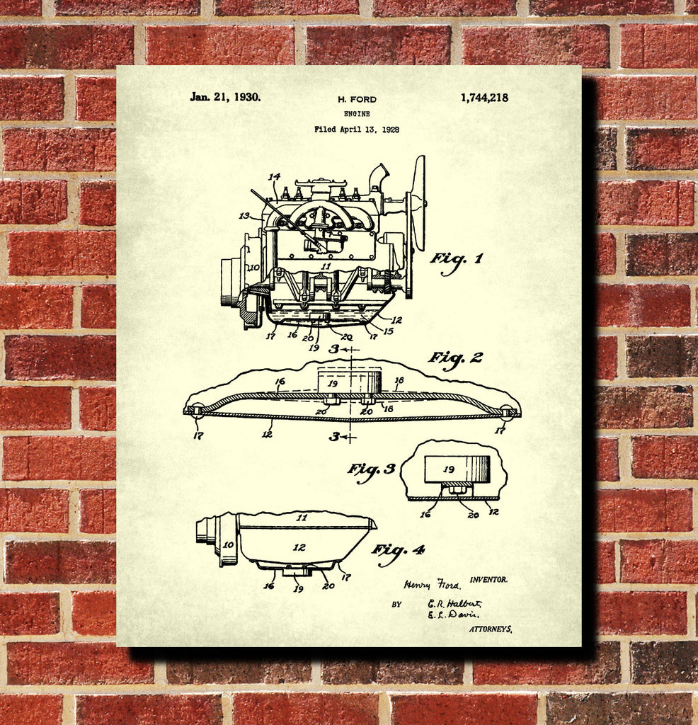 Ford Engine Patent Print Automotive Car Blueprint Garage Poster
