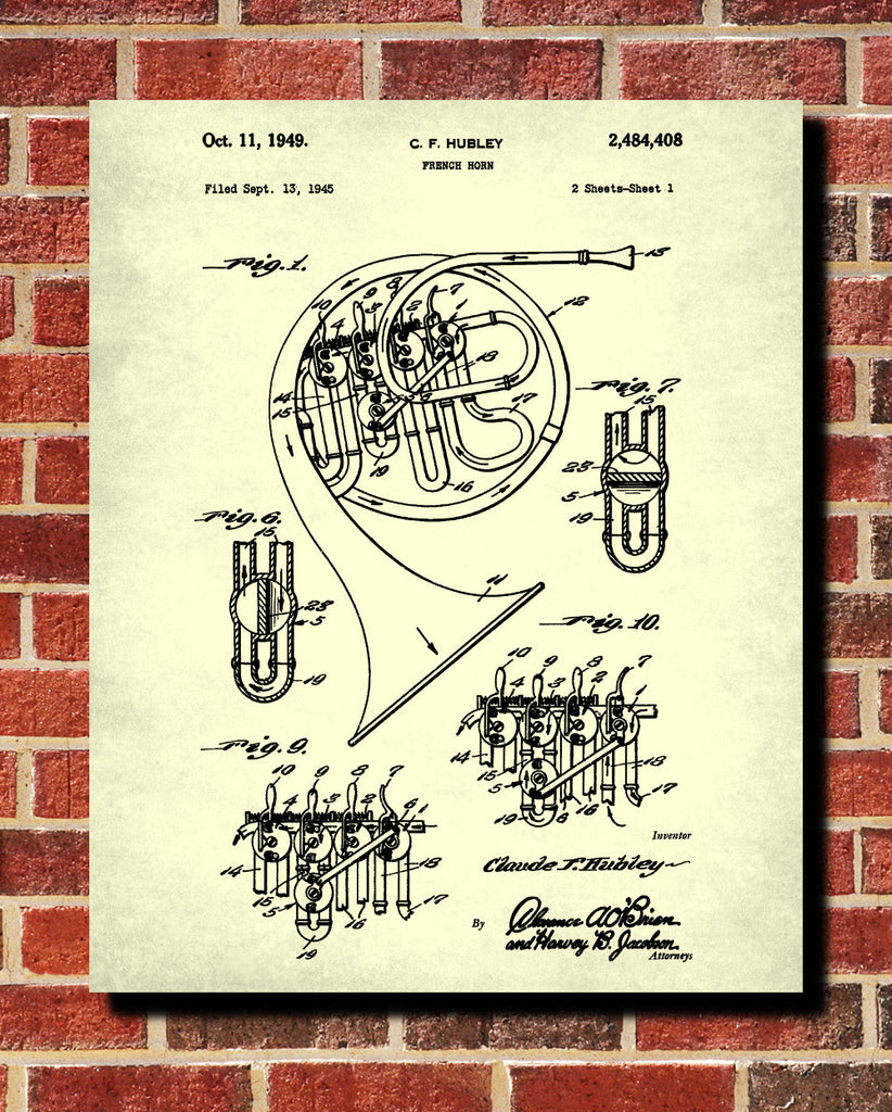 French Horn Patent Print Musical Instrument Blueprint Poster