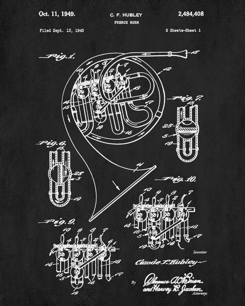 French Horn Patent Print Musical Instrument Blueprint Poster