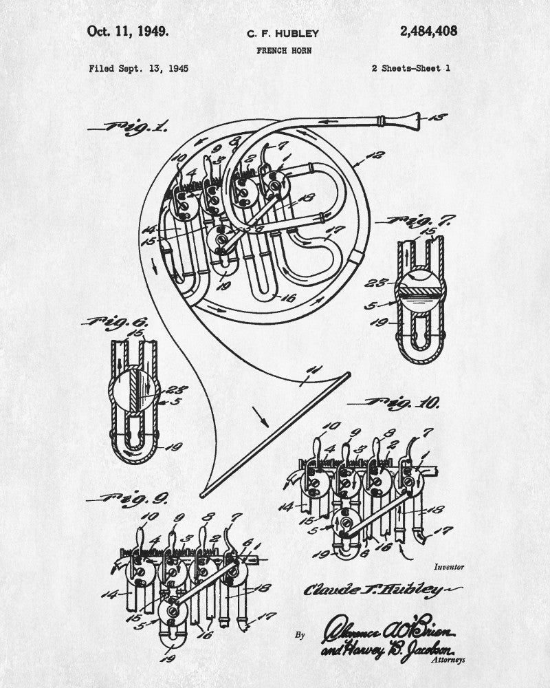 French Horn Patent Print Musical Instrument Blueprint Poster