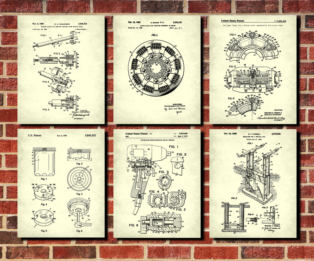 Garage Workshop Patent Prints Set 6 Mechanic Posters