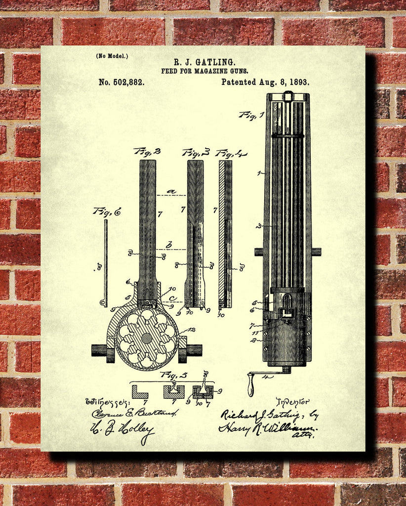 Gatling Gun Patent Print Weapons Blueprint Firearm Poster