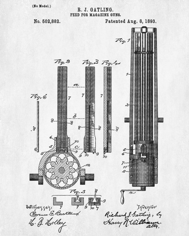 Gatling Gun Patent Print Weapons Blueprint Firearm Poster