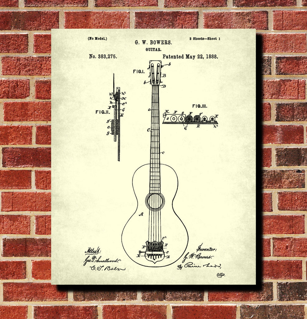 Guitar Patent Print Musical Instrument Blueprint Guitar Poster