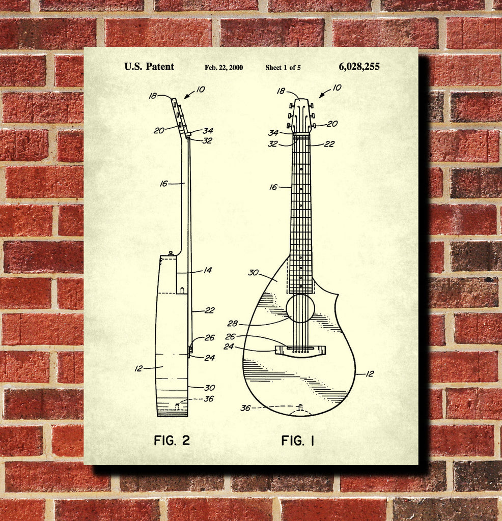 Guitar Patent Print Musical Instrument Blueprint Guitar Poster