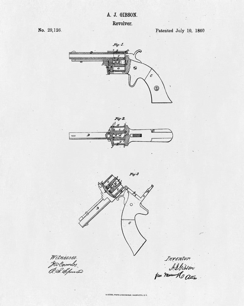 Gibson Revolver Patent Print Handgun Blueprint Shooting Poster - OnTrendAndFab