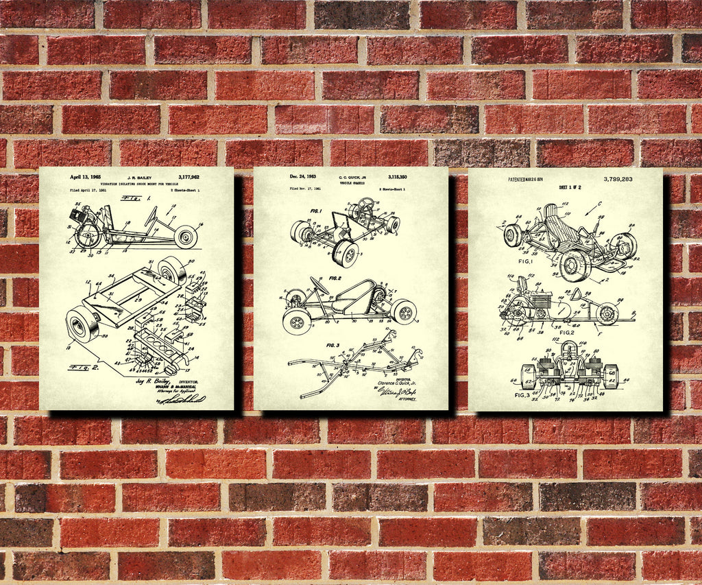 Go Kart Patent Prints Set of 3 Gokarting Blueprint Posters