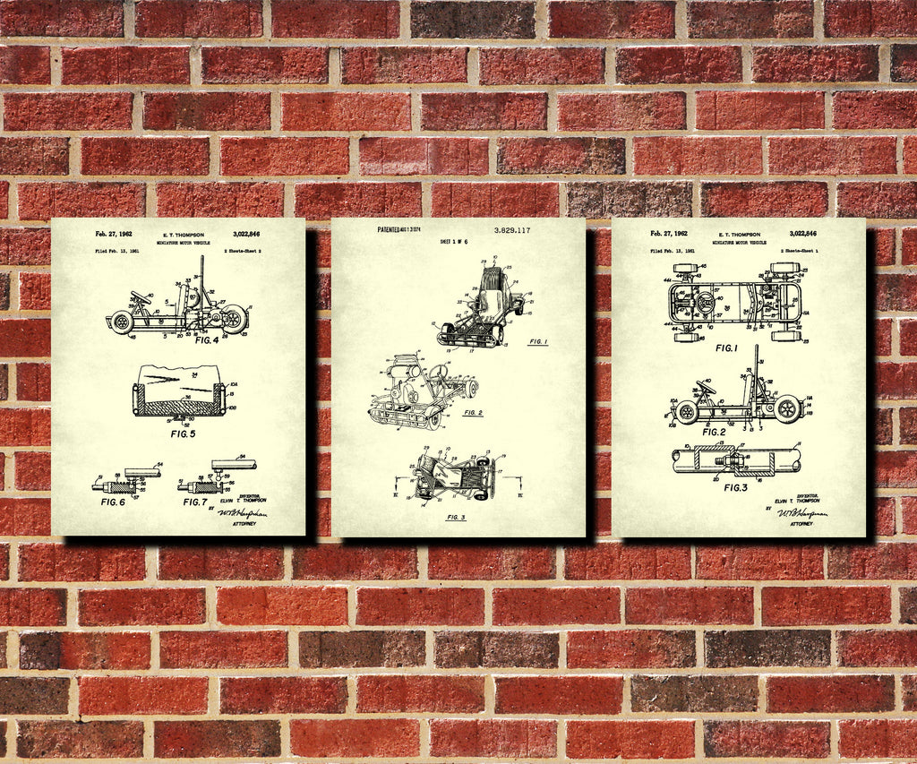 Go-Kart Patent Prints Set of 3 Gokarting Blueprint Posters