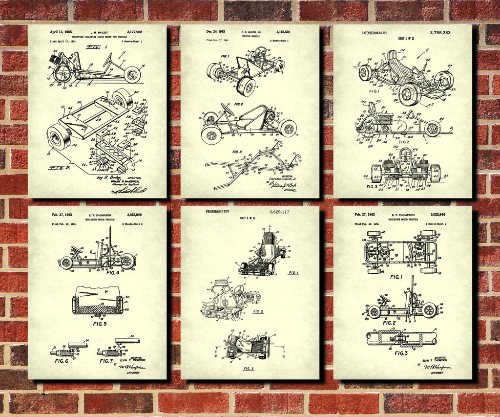 Go-Kart Patent Prints Set of 6 Gokarting Blueprint Posters