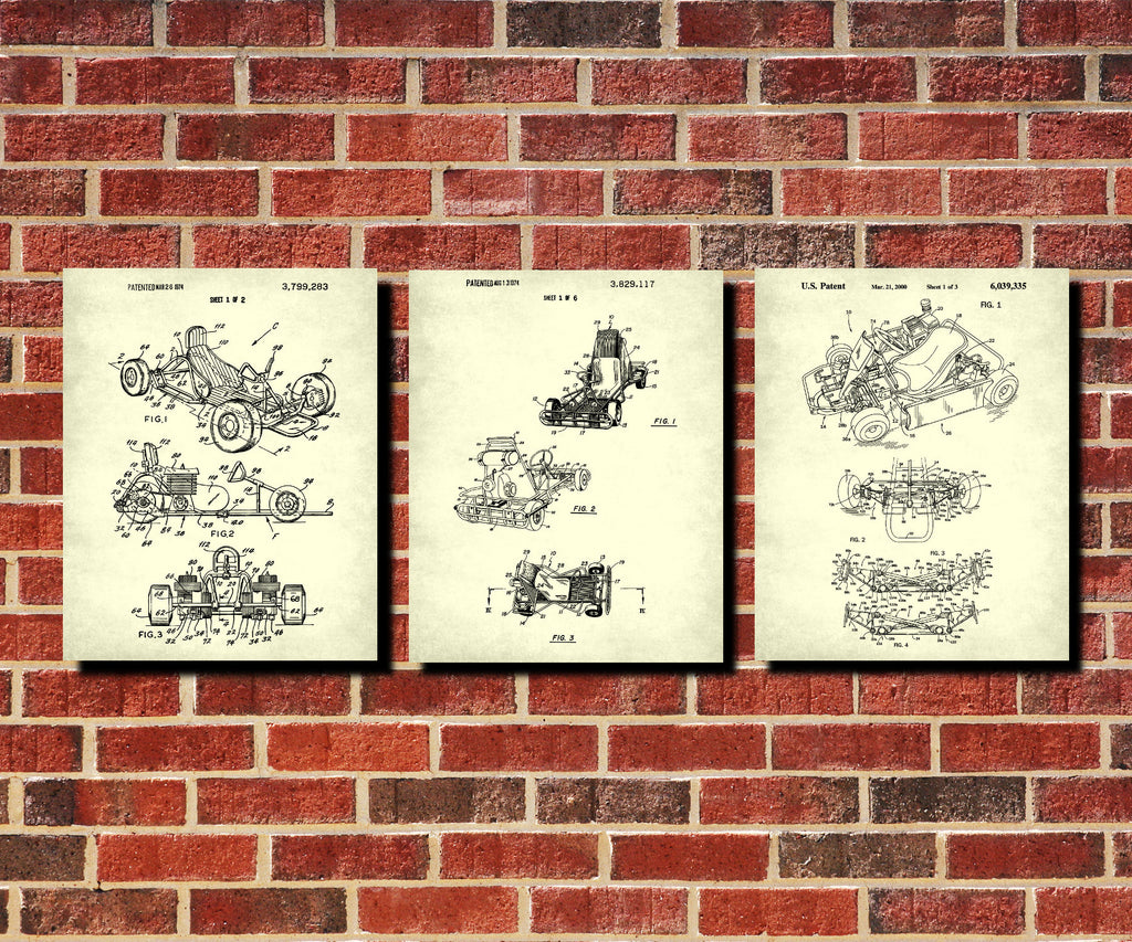 Go Kart Patent Prints Set of 3 Gokart Blueprint Posters