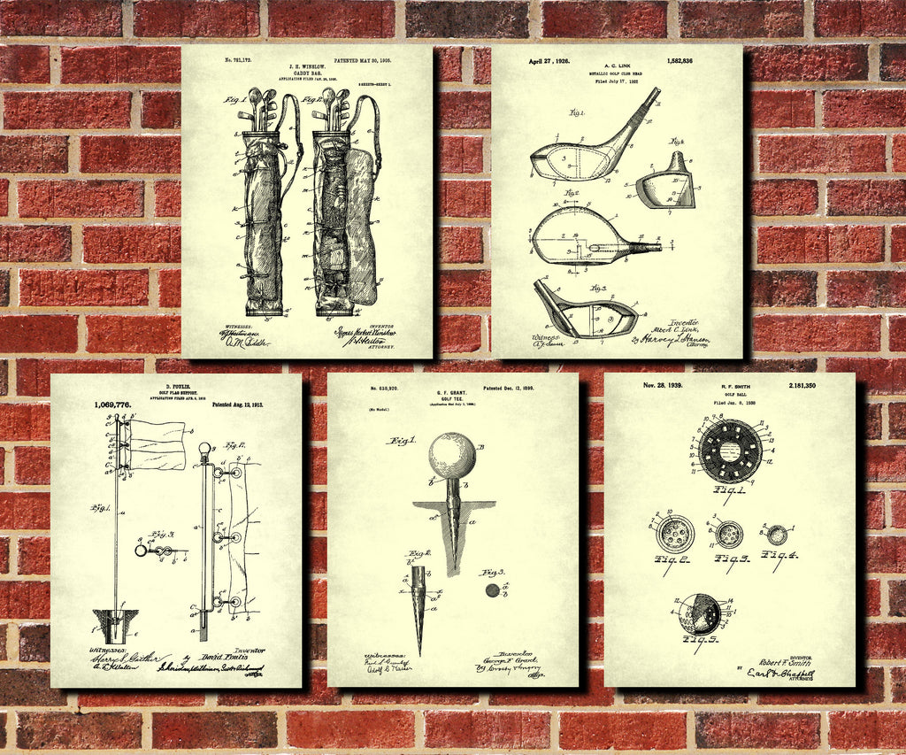 Golf Patent Prints Set 5 Golfing Posters Golfer Gift
