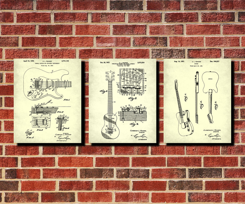 Guitar Patent Prints Set of 3 Guitar Blueprints Guitarist Posters