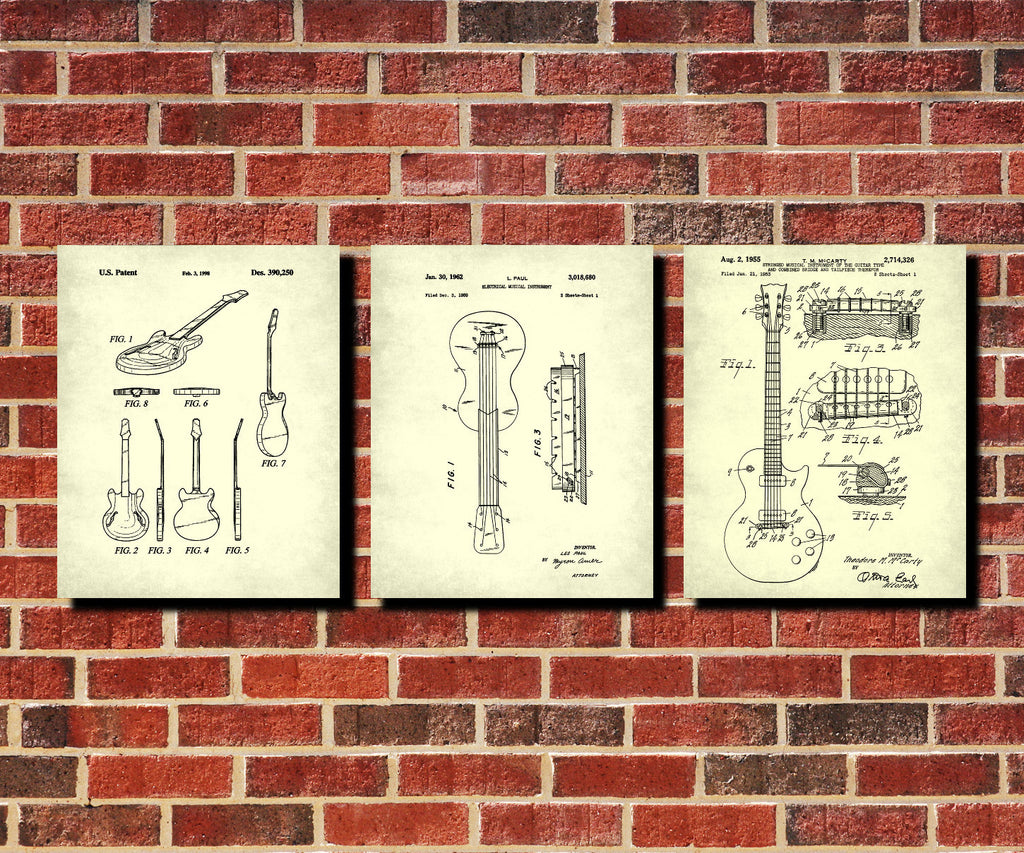 Guitar Patent Prints Set of 3 Guitar Blueprints Guitarist Posters 3B