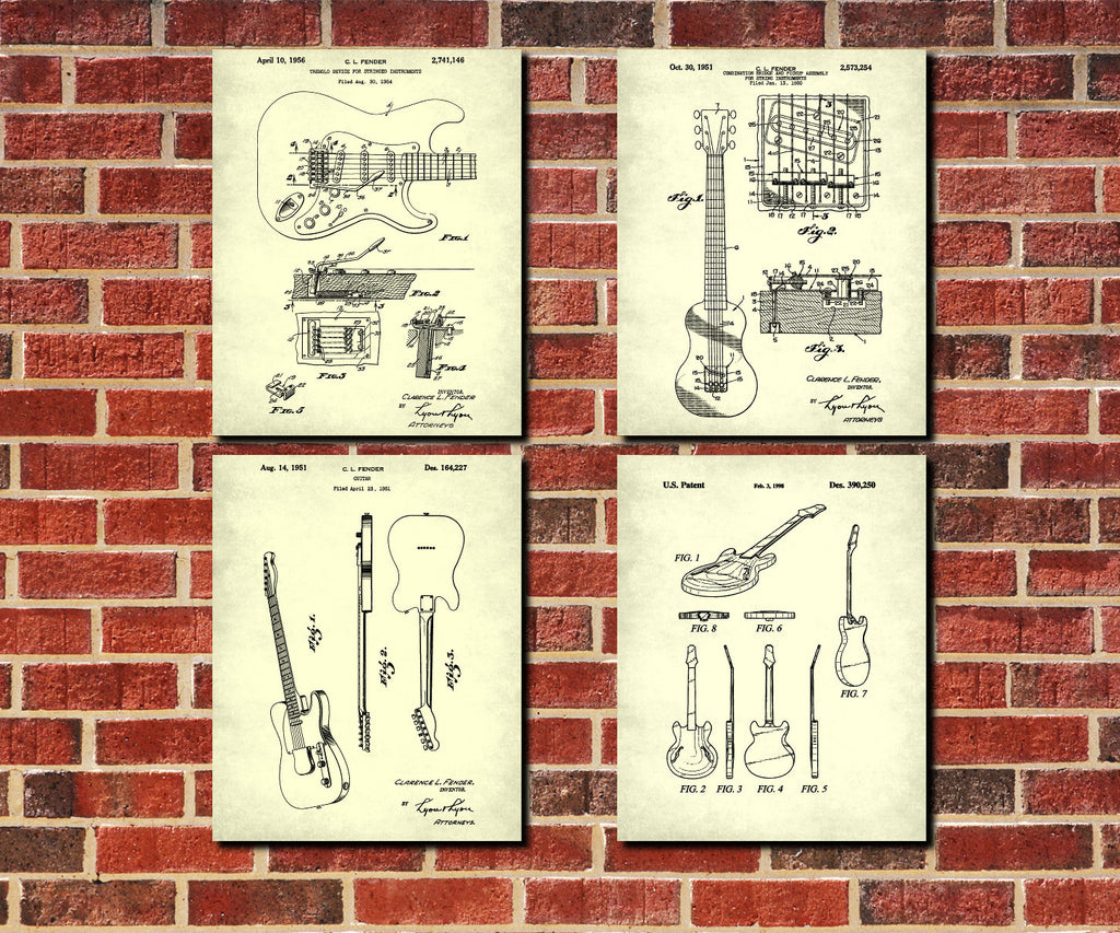 Guitar Patent Prints Set of 4 Guitar Blueprints Guitarist Posters 4A