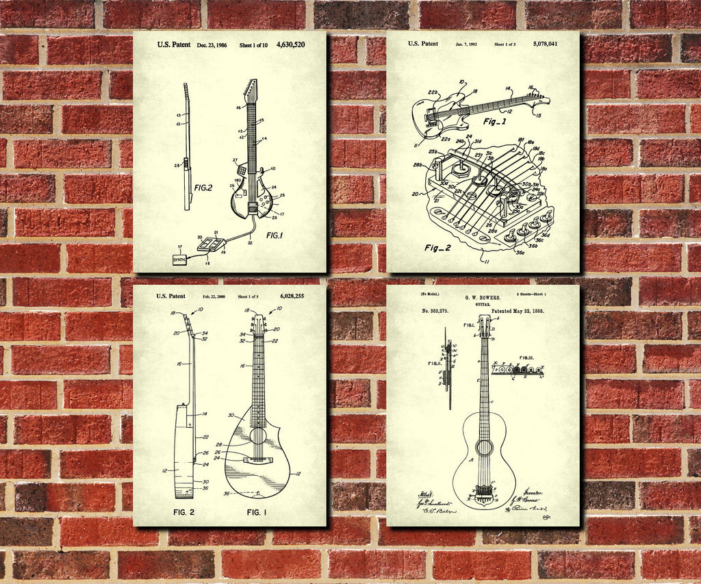 Guitar Patent Prints Set of 4 Guitar Blueprints Guitarist Posters 4C