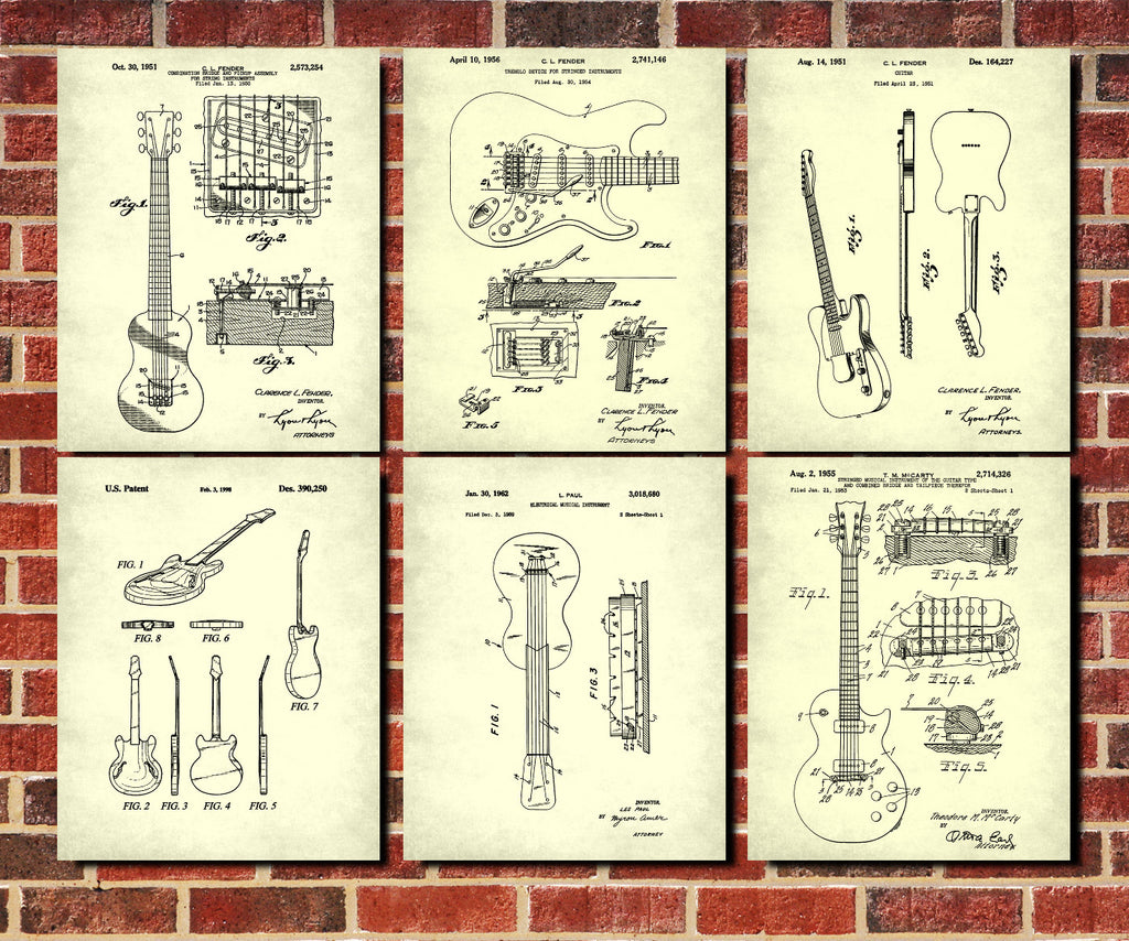 Guitar Patent Prints Set of 6 Guitar Blueprints Guitarist Posters